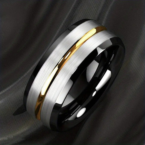 Men's 8mm Tungsten Silver Brushed Black Edge Golden Groove Wedding Band