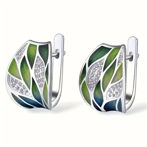 Elegant Enamel Leaf Design Gold Plated Cubic Zirconia Statement Women Earrings