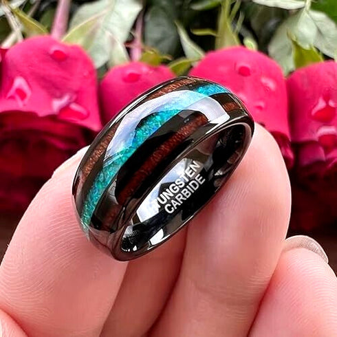 Men's 8mm Tungsten Carbide Crushed Turquoise Koa Wood Comfort-Fit Wedding Band