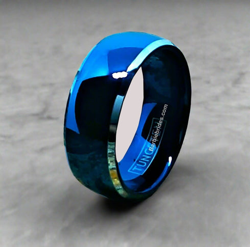 Men 8mm Tungsten Blue Glossed/Brushed Gunmetal Groove Beveled Edges Wedding Band