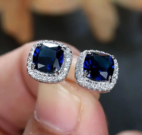 14K White Gold Plated Cushion Cut Square Blue Cubic Zirconia Men Women Earrings