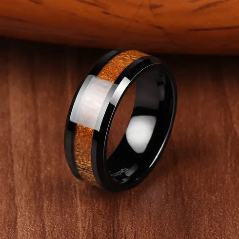 Men's 8mm Tungsten Black Hawaii Koa Wood Beveled-Edges Polished Wedding Band