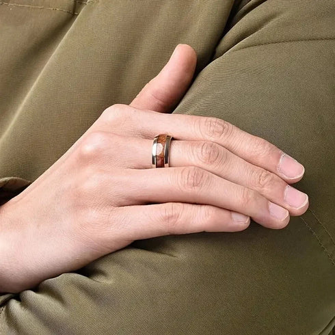 Men's 8mm Tungsten Yellow Gold Hawaii Koa Wood Comfort-Fit Polished Wedding Band