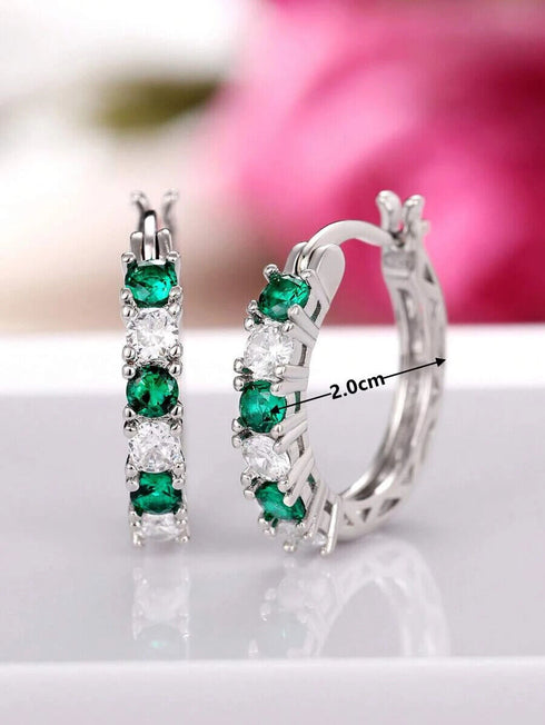 14K White Gold Plated Green Round Cut Cubic Zirconia Men Women Hoop Earrings