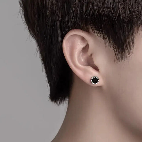 Round Black Silver Agate Stud Men & Women Trendy Retro Earrings