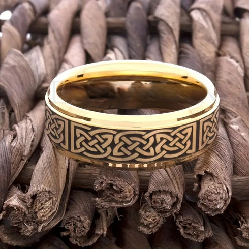 Men's 8mm Titanium Gold Black Celtic Knot Engraved Engagement Wedding Band