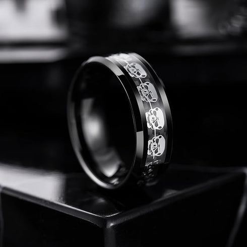 Men 8mm Titanium Black/Blue Laser Skull Carbon Fiber/Matte Black CZ Wedding Band