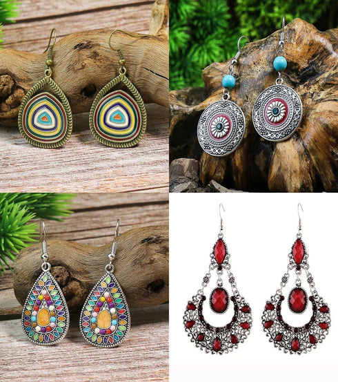 4 Pairs Retro Ethnic Style Multi-Colored Drop Shaped W/Rhinestone Women Earring