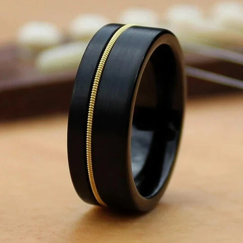 Men 8mm Black Brushed Tungsten Light Gold Guitar String Comfort-Fit Wedding Band