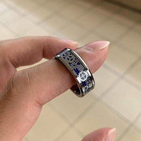 Men 8mm Tungsten Blue Carbon Fiber Steampunk Gear Inlay Comfort-Fit Wedding Ring