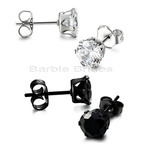 2 Pairs 316L Surgical-Steel Black & Silver Round CZ Men & Women Stud Earrings