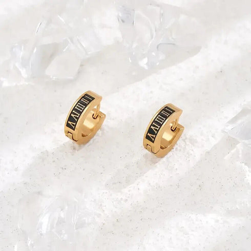 316L Surgical Steel Roman Numerals & Black Enamel Men Women Huggie Hoop Earrings