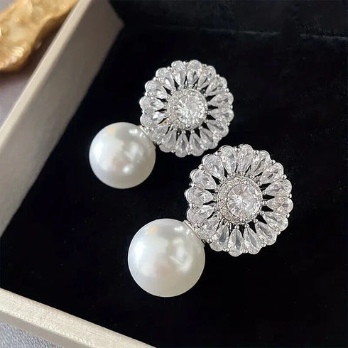 Stunning White Pearl Floral 18K White Gold-Plated Cubic Zirconia Bridal Earrings