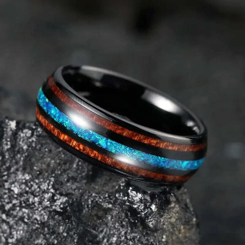 Men's 8mm Tungsten Carbide Crushed Turquoise Koa Wood Comfort-Fit Wedding Band
