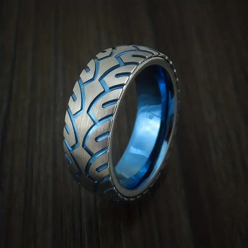 Men 8mm Titanium Motorcycle Tire Tread Pattern & Anodized Inlays Non-Fading Band