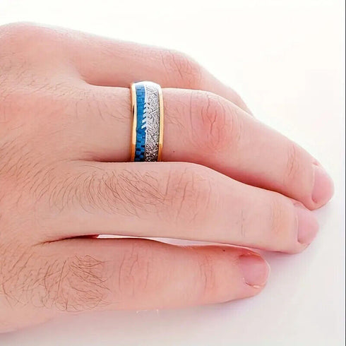 Men's 8mm Tungsten Cupid's Arrow Meteorite Inspired & Blue Lasurite Inlay Band