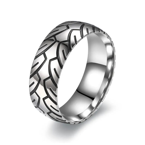 Men 8mm Titanium Motorcycle Tire Tread Pattern & Anodized Inlays Non-Fading Band