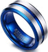Men 8mm Tungsten Brushed Silver W/Blue Grooved Center Beveled-Edges Wedding Band