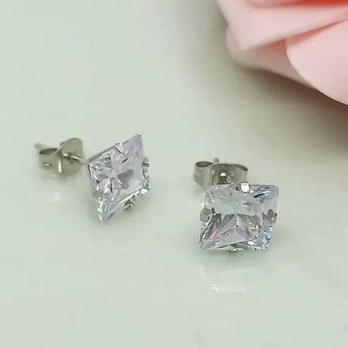 3 Pairs 14K Gold Plated Square Cubic Zirconia Solitaire Men Women Stud Earrings