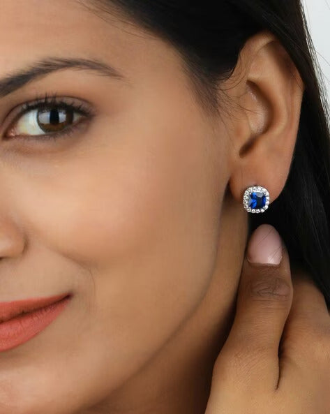 14K White Gold Plated Cushion Cut Square Blue Cubic Zirconia Men Women Earrings