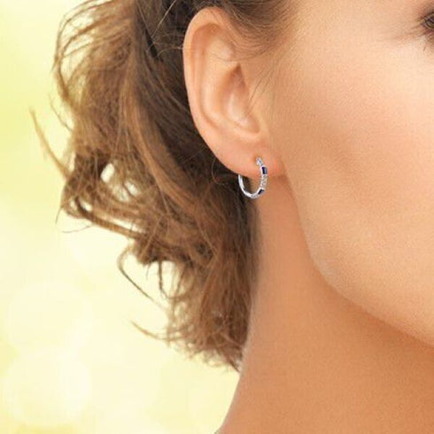 14K White Gold Plated Unique Blue Baguette Cubic Zirconia Men Women Hoop Earring