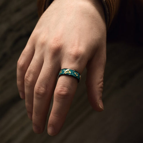 Men Women 8mm Tungsten Green Gold Leaf Flakes Meteorite Comfort-Fit Wedding Band