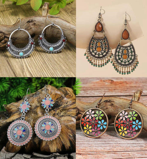 4 Pairs of Retro Ethnic Style Multi-Colored Drop Shaped Earrings W/Rhinestone