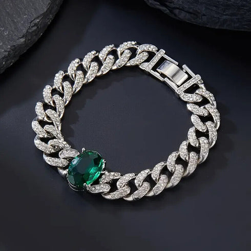 14K White Gold Plated Iced Cubic Zirconia Emerald Cuban Link Men Women Bracelet
