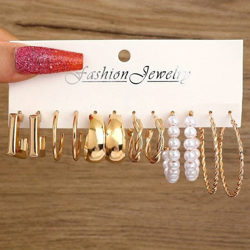 6 Pairs 14K Gold Plated Golden Hoop Earrings With Faux Pearl Decor Korean Style