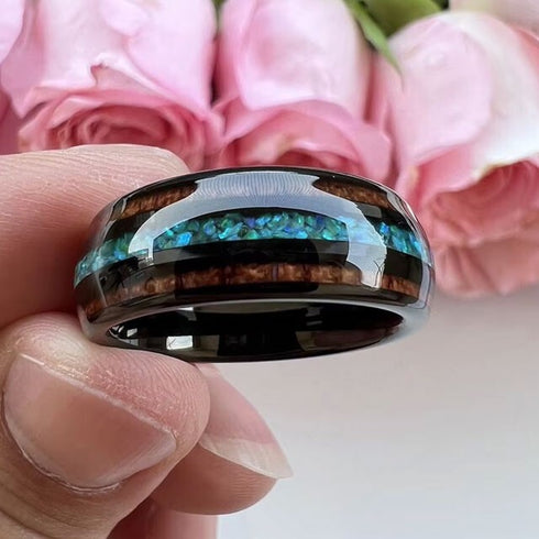 Men's 8mm Tungsten Carbide Crushed Turquoise Koa Wood Comfort-Fit Wedding Band