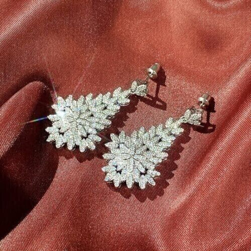 Luxury Leaf Drop Dangle 18K White Gold-Plated Cubic Zirconia Bridal Earrings