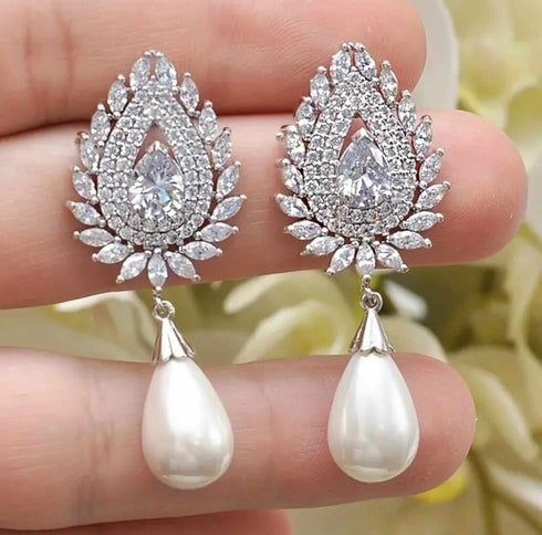 Luxury White Pearl Teardrop 18K White Gold-Plated Cubic Zirconia Bridal Earrings