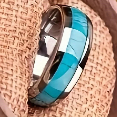 Men 8mm Tungsten Turquoise Domed Polished Carbon Fiber Comfort-Fit Wedding Band