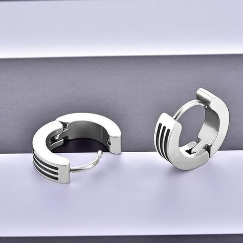 316L Surgical Steel Classic 3 Black Striped Enamel Men & Women Hoop Earrings
