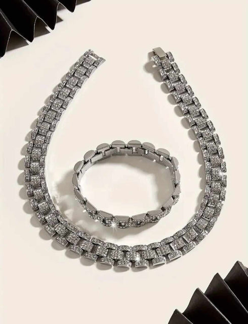 2Pc Men ICED Watch Band Link Baguette Chain 14K Gold Plated CZ Necklace Bracelet