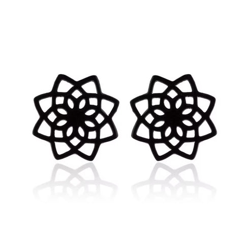 2 Pairs Titanium Steel Black Silver Lotus Mandala Flower Men Women Stud Earrings
