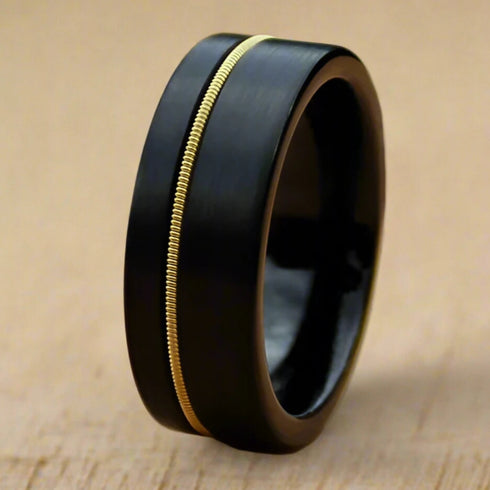 Men 8mm Black Brushed Tungsten Light Gold Guitar String Comfort-Fit Wedding Band