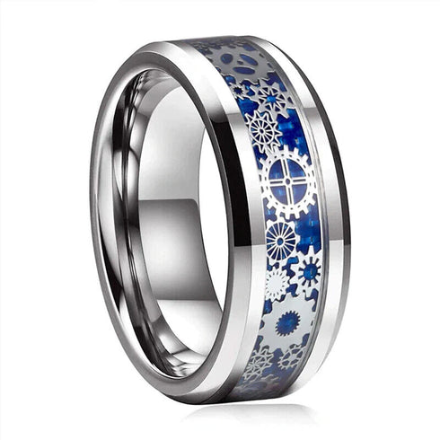 Men 8mm Tungsten Blue Carbon Fiber Steampunk Gear Inlay Comfort-Fit Wedding Ring
