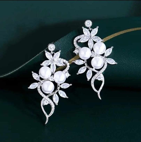 Stunning White Pearl 14K White Gold Plated Cubic Zirconia Women Earrings