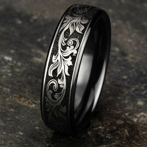 Men's 6mm Titanium Grey/Black Vintage Scrollwork Design Comfort-Fit Wedding Band