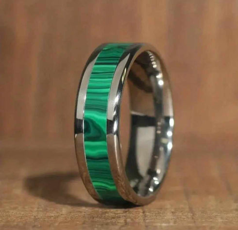 Beveled Edge Comfort-Fit Fabricated Malachite Inlay 8mm Tungsten Wedding Band