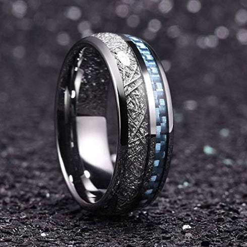 Men's 8mm Tungsten Blue Meteorite Inspired Inlay Comfort-Fit Wedding Band