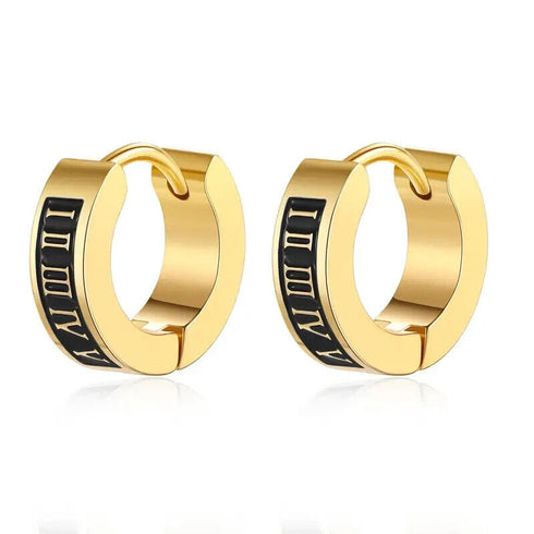 316L Surgical Steel Roman Numerals & Black Enamel Men Women Huggie Hoop Earrings