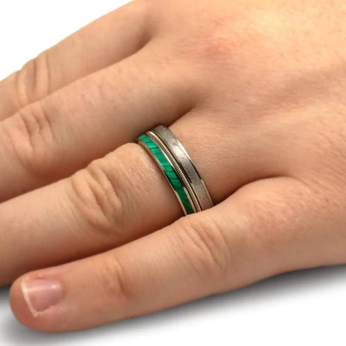 Men's 8mm Titanium Guitar String Malachite & Meteorite Comfort-Fit Wedding Band