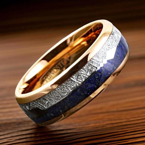Men's 8mm Rose Gold Tungsten Blue Lapis Lazuli & Meteorite Inspired Wedding Band