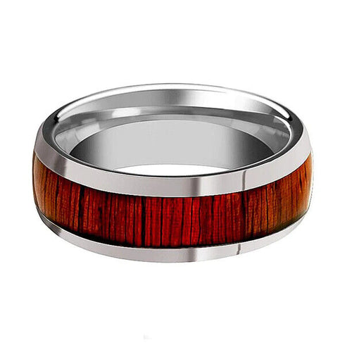 Men's 8mm Tungsten Dome Ring Wood Inlay Comfort-Fit Engagement Wedding Band