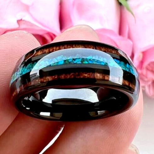 Men's 8mm Tungsten Carbide Crushed Turquoise Koa Wood Comfort-Fit Wedding Band