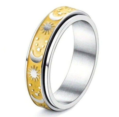 Men Women Titanium Steel Rotatable Anti-Anxiety Gold Silver Sun Moon Retro Band