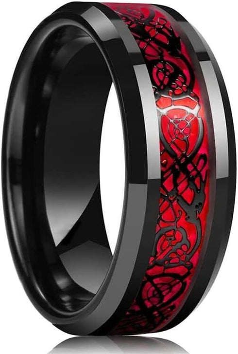 Men's 8mm Tungsten Beveled Edges Red Celtic Dragon Comfort-Fit Wedding Band Ring