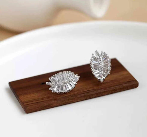 Dazzling Palm Leaf 14K White Gold Plated AAA Cubic Zirconia Women Stud Earrings